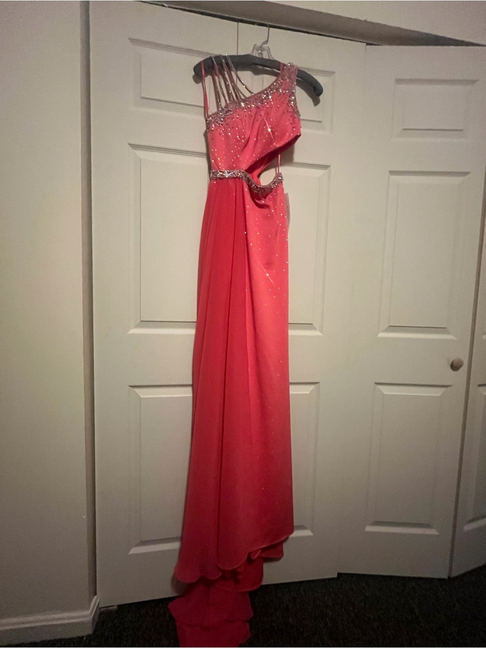 Johnathan Kayne Coral One-Shoulder Evening Dress with Crystal Accents